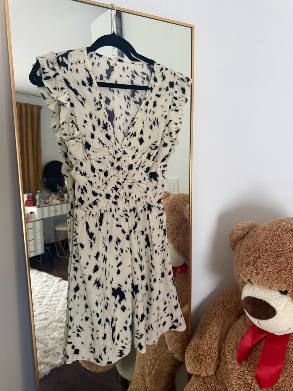 SHEIN Cream Dress with Black Spot Print and Ruffle V‑Neck